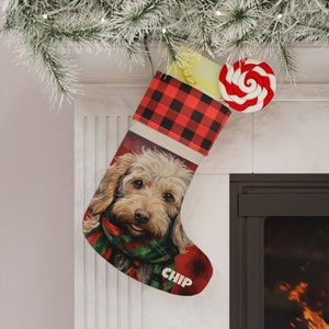 Personalized Parchment Tan Labradoodle Stocking- Pet Fur Baby- Dog Lovers Buffalo Checkered Custom Christmas Stocking