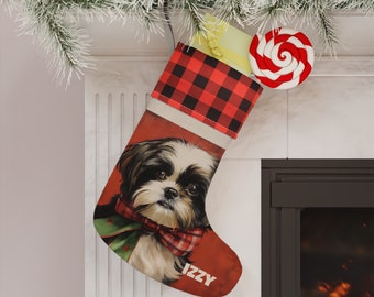 Personalized Shih Tzu Dog- Pet Fur Baby- Buffalo Checkered Custom Christmas Stocking