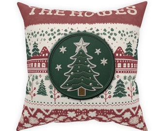 Gepersonaliseerd-kerstboom-vakantie decor-groene, rode en witte sweater print poplin kussen