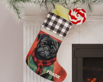 Personalized Black Pug Dog- Pet Fur Baby- Checkered Custom Christmas Stocking