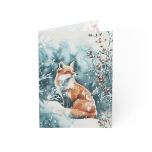 Cartes de Noël aquarelles mates avec renard - Design hivernal minimaliste élégant, couleurs vives, papier de qualité supérieure, recto-verso, paquet de 10