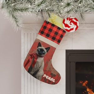 Tabby Orange Cat Personalized Christmas Stocking, Ginger Cat Owner Lover Pet Holiday Gift Animal Home Decor 16x10" Linen Plaid Custom Name