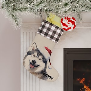 Personalized Alaskan Malamute Dog Stocking- Pet Fur Baby- Puppy Lover Buffalo Checkered Custom Christmas Stocking