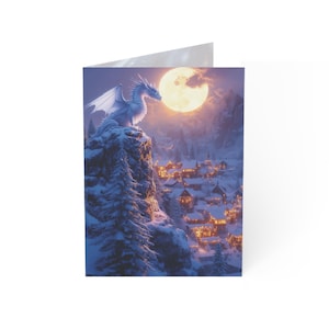 IJsdraak-kerstkaart - 10-pack fantasy-vakantiekaarten met gotische draak en kerstdorp - aanpasbare groet met enveloppen