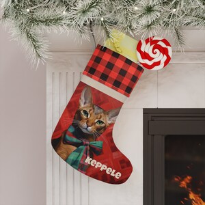 Personalized Abyssinian Cat Stocking- Pet Fur Baby- Cat Lover Buffalo Checkered Custom Christmas Stocking