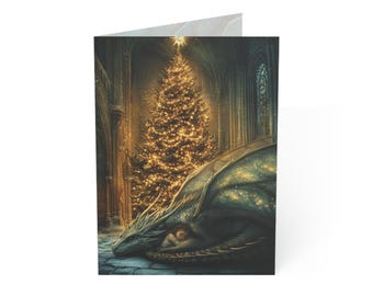 Dragon Christmas Cards - Fantasy Holiday Cards, Gothic Cathedral. - Customizable Greeting with Envelope- Midwinter Myths Series