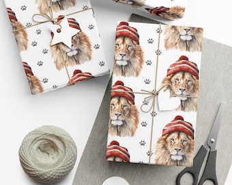 Christmas Lion Gift Wrap Papers- Christmas Zoo Animal Holiday Wrapping Paper
