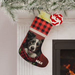 Personalized Border Collie Dog- Pet Fur Baby- Buffalo Checkered Custom Christmas Stocking