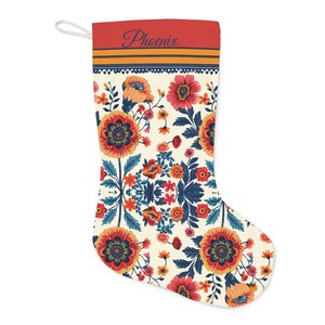 Gepersonaliseerde volkskunst bloemen kerstsok-Petrykivka-rood, blauw, goud-vintage gevoel-dubbelzijdig afdrukken afbeelding 2