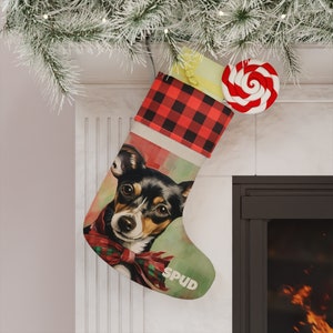 Medias navideñas personalizadas con diseño de perro rat terrier y bebé peludo