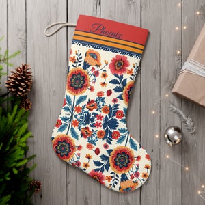 Gepersonaliseerde volkskunst bloemen kerstsok-Petrykivka-rood, blauw, goud-vintage gevoel-dubbelzijdig afdrukken afbeelding 1