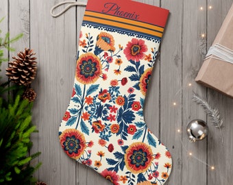 Gepersonaliseerde volkskunst bloemen kerstsok-Petrykivka-rood, blauw, goud-vintage gevoel-dubbelzijdig afdrukken