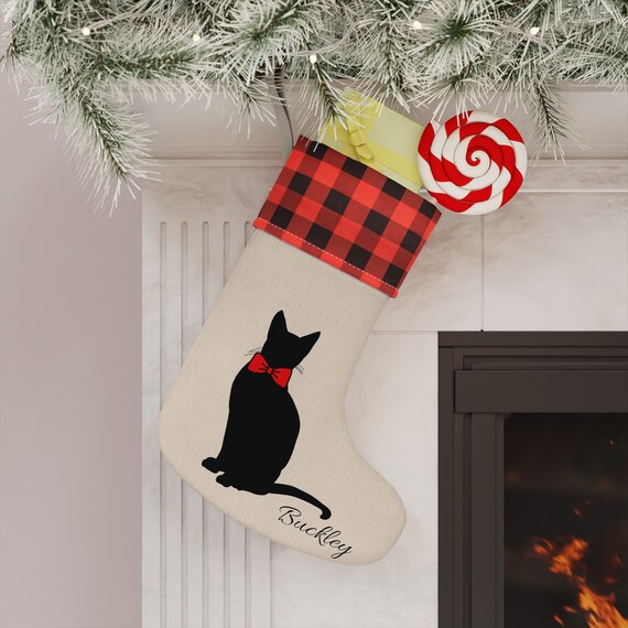 Personalized Black Cat Stocking Pet Fur Baby Cat Lovers Buffalo Checkered Custom Christmas Stocking Etsy