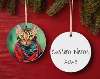 Bengaalse kat kerstornament- dubbelzijdig- gepersonaliseerd- exotische Kitty-keramische ornament-aangepaste huisdiernaam en datum
