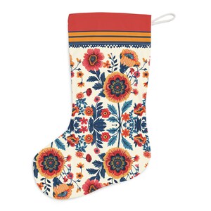 Gepersonaliseerde volkskunst bloemen kerstsok-Petrykivka-rood, blauw, goud-vintage gevoel-dubbelzijdig afdrukken afbeelding 3