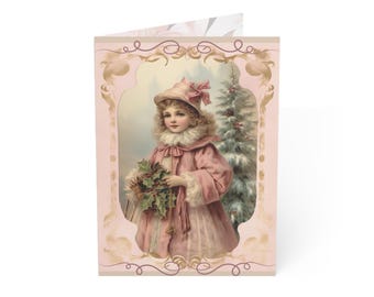 Pink and Sage Victorian Christmas Cards-5&quot;x7&quot; Card Pack- Vintage Styling- Art Print- Nostalgic- 1900s- 1910s- Custom Greeting
