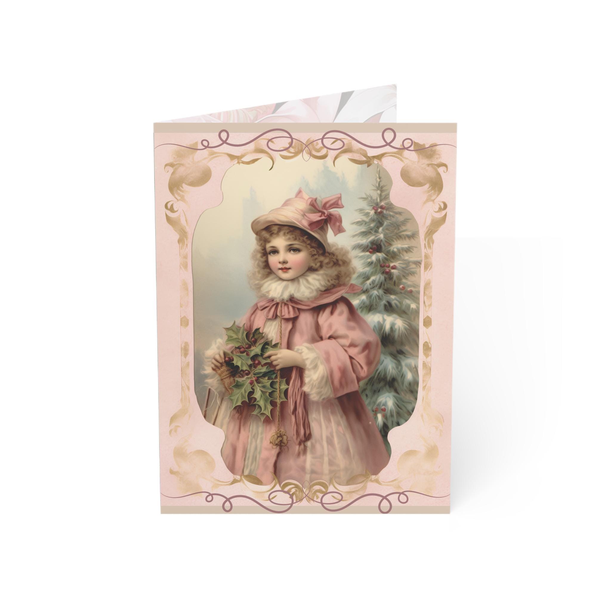Cartes de Noël victoriennes roses et sauges : 5 x 7 po., style vintage, impression d'art, nostalgique, années 1900-1910, voeux personnalisés