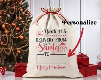 Kerst gepersonaliseerde linnen cadeautas - Levering vanuit Santa Gift Sack - Merry Christmas Present Wrap