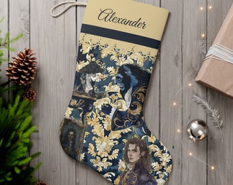 Gepersonaliseerde Belle en het Beest Kerstsok- Sprookjesprins- Blauw, Goud- Vintage Feel- Dubbelzijdig afdrukken