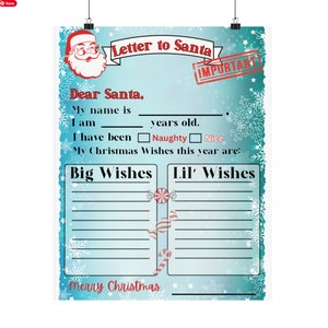 Weihnachten DIGITAL Brief an Santa - Urlaub Weihnachtswunschliste für Kinder - Herunterladbar, Druckbar, DIY