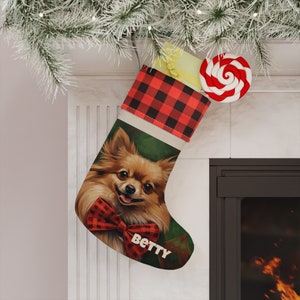 Personalized Pomeranian Dog- Pet Fur Baby- Buffalo Checkered Custom Christmas Stocking