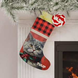 Personalized British Shorthair Cat Stocking- Pet Fur Baby- Cat Lover Buffalo Checkered Custom Christmas Stocking