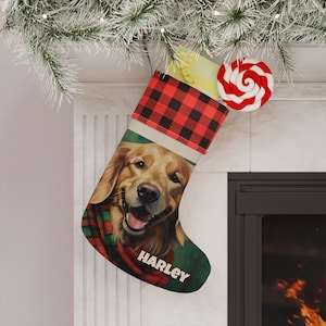 Personalized Golden Retriever Dog- Pet Fur Baby- Dog Lover- Grandpet- Checkered Custom Christmas Stocking