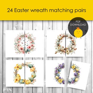 May include: Printable Easter wreath matching pairs activity.  24 cards feature watercolor illustrations of wreaths with eggs, flowers, and butterflies.  PDF download.
