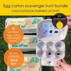 May include: An egg carton scavenger hunt bundle with the text "Egg carton scavenger hunt bundle" and "CALM OUTDOOR LEARNING ACTIVITY". The image shows an open egg carton with nature-themed items and a closed carton.