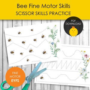 May include: White paper with bee and floral illustrations for scissor skills practice. The text "Bee Fine Motor Skills SCISSOR SKILLS PRACTICE" is at the top. A pair of green-handled scissors is at the bottom. The words "Fine Motor EYFS" are in an orange circle.
