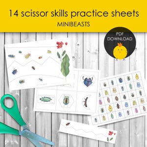 May include: A set of 14 printable scissor skills practice sheets featuring mini-beasts. The sheets include a variety of cutting activities, such as cutting along lines, cutting out shapes, and cutting out pictures. The sheets are perfect for helping children develop their fine motor skills and hand-eye coordination.