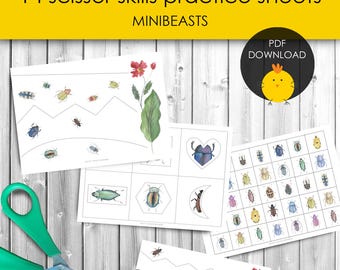 Minibeast scissor skills cutting practice worksheets for fine motor