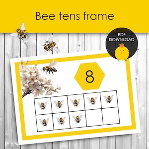 May include: A printable bee-themed tens frame with a yellow hexagon containing the number 8. The frame has 10 squares, 8 of which contain a bee illustration. The frame is surrounded by a yellow border.