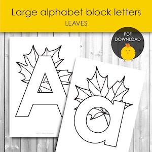 May include: Two black and white printable alphabet letters, 'A' and 'a', each with a leaf design. The text at the top reads "Large alphabet block letters LEAVES". A PDF download icon is in the upper right corner.