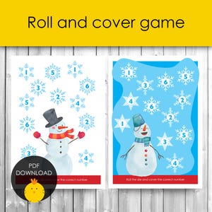 Snowman roll, count and cover math counting games for kids