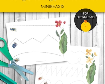Minibeast line tracing and scissor cutting practice worksheets for preschool fine motor skills activity