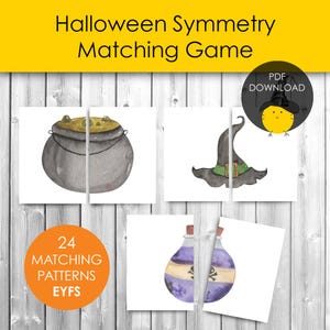 Könnte beinhalten: Ein Halloween-Symmetrie-Zuordnungsspiel mit Aquarellillustrationen eines grauen Kessels, eines schwarzen Hexenhuts mit grünem Band und einer violetten Zaubertrankflasche. Der Text lautet Halloween Symmetry Matching Game, PDF DOWNLOAD und 24 MATCHING PATTERNS EYFS.