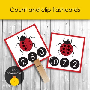 May include: Educational flashcards with ladybug illustrations and numbers 2, 5, 8, 10, 7, and 2. The cards have red borders and are designed for counting practice. A wooden clothespin is included. The text "Count and clip flashcards" is at the top.