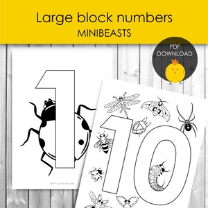 May include: Black and white printable educational art featuring large block numbers and insect illustrations. The text "Large block numbers MINIBEASTS" is at the top. The number 1 is shown with a ladybug, and the number 10 is shown with various insects.