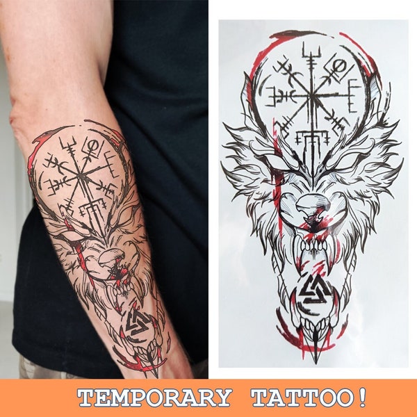 Vegvisir "Viking Compass", Valknut and Wolf Temporary Tattoo | Norse Mythology | Scandinavic | Vikings