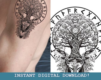 Fenrir With Yggdrasil Tattoo Design Instant Digital l Download | Norse Mythology | Scandinavic