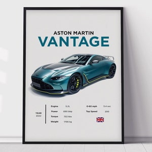 Impresión de carteles de Aston Martin Vantage V12, decoración de habitaciones para niños, arte de oficina en el hogar, decoración de habitaciones, carteles digitales, carteles de automóviles