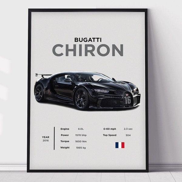 Impression d'affiche Bugatti Chiron, décoration pour chambre de garçons, oeuvres d'art pour bureau à domicile, décoration de chambre, posters numériques, posters de voitures