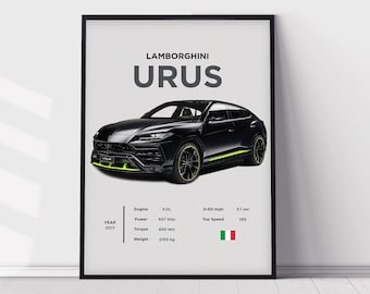 Lamborghini Urus Poster Print, Boys Room Decor, Home Office Art, Room Decor, Affiches numériques, Affiches de voiture