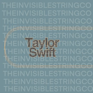 May include: A teal background features the repeated text "THEINVISIBLESTRINGCO." Centered is the name "Taylor Swift" in a dark gray font with a light brown outline. Curved lines in light brown arc around the text.