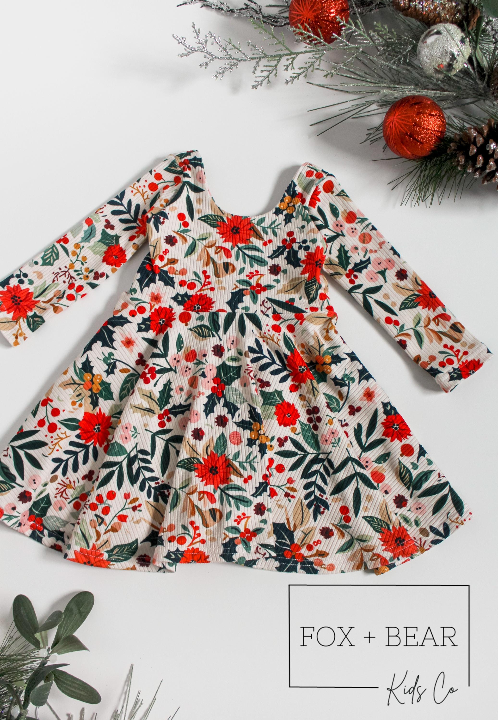 Holiday Foliage Ribbed Knit Twirl Dress, Christmas Dresses, Christmas Twirl Dress, Matching Christmas Outfits for Girls, Floral Christmas
