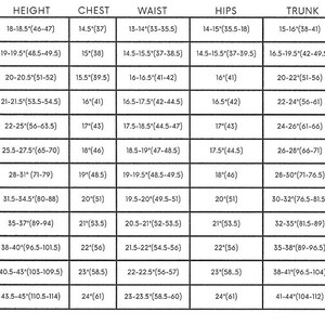 May include: A size chart for baby and toddler clothing, displaying measurements for height, chest, waist, hips, trunk, and inseam in inches and centimeters. Sizes range from Premie to 5T.