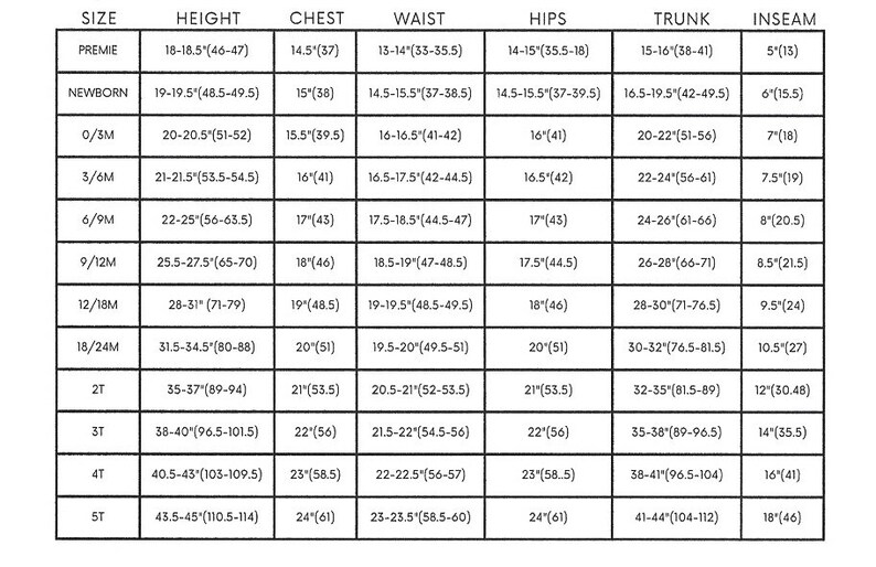 May include: A size chart for baby and toddler clothing, displaying measurements for height, chest, waist, hips, trunk, and inseam in inches and centimeters. Sizes range from Premie to 5T.
