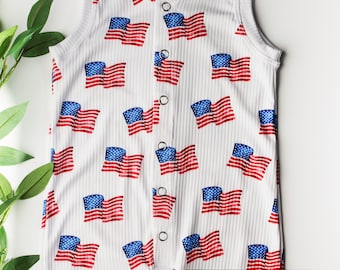 American Flag Shortie Romper. Baby 4th of July Outfit, Baby Independence Day Outfit, 4th of July Outfit, American Flag Baby, Rib Knit Outfit