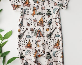 Happy Camper Romper, Camping Themed Outfit, Boys Romper, Baby Boy Outfit, Rib Knit Outfits, Boys Summer Outfit,